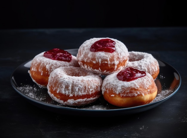 Sabrosos donuts con mermelada sobre fondo de madera Concepto de celebración de Hanukkah