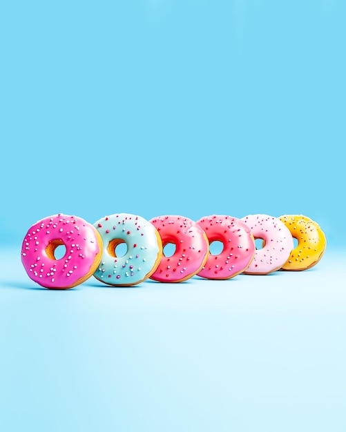 Sabrosos donuts Tarjeta de comida dulce con una mezcla de donuts multicolores con chispitas sobre fondo azul