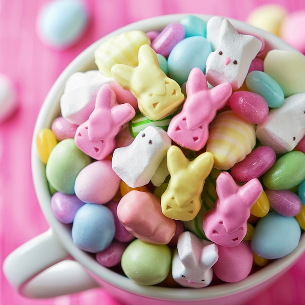 Sabrosos dulces de Pascua en una taza con un fondo rosado en primer plano
