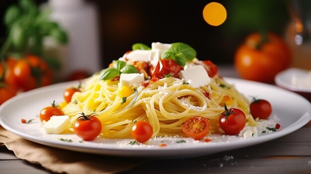 Sabrosos espaguetis con tomates y queso servidos