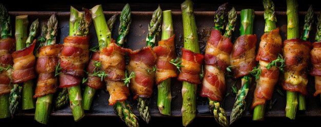 Sabrosos espárragos asados con tocino en un plato Vista desde arriba IA generativa