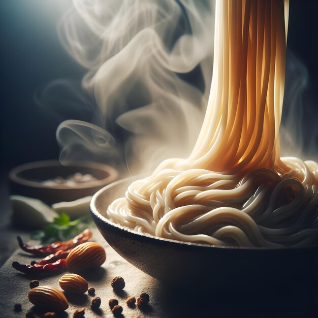 Foto sabrosos fideos frescos en un cuenco con palillos sobre un fondo de madera oscura