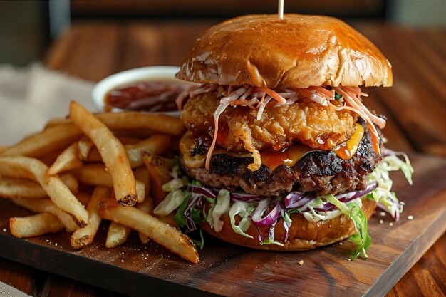 Sabrosos hamburgueses del Sr. y la Sra. con papas fritas y salsa