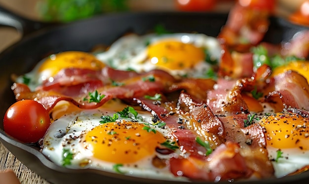 sabrosos huevos fritos con tocino en una sartén de cerca