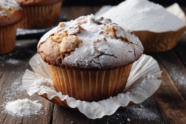 Sabrosos muffins en polvo con azúcar en una mesa de madera de cerca