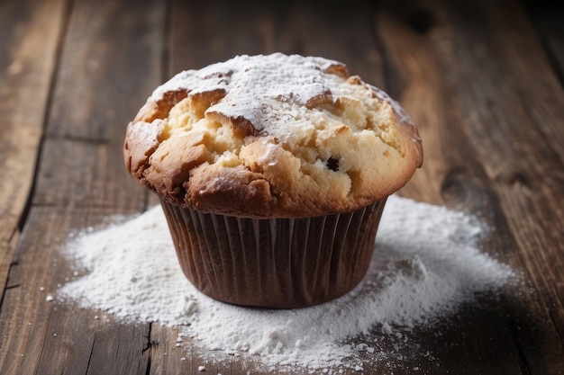 Sabrosos muffins en polvo con azúcar en una mesa de madera de cerca