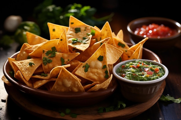 Sabrosos nachos acompañados de salsas en un tazón AI