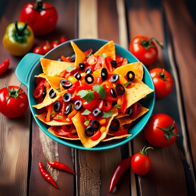 Sabrosos nachos, tomates rojos y pimienta de chile en un cuenco de color sobre un fondo de madera