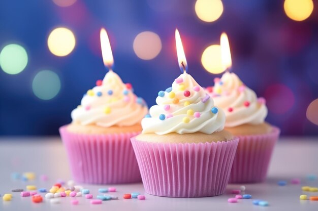 Sabrosos pasteles de cumpleaños con velas en pie contra luces borrosas de cerca