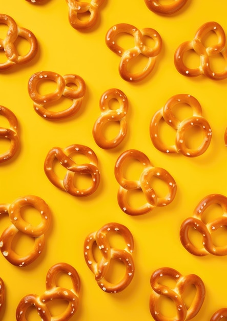 Sabrosos pretzels crujientes en el fondo amarillo Vista superior IA generativa