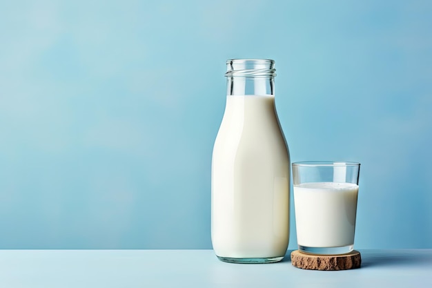 Sabrosos productos lácteos nutritivos y saludables botella de leche rústica y vidrio sobre mesa blanca centrico azul