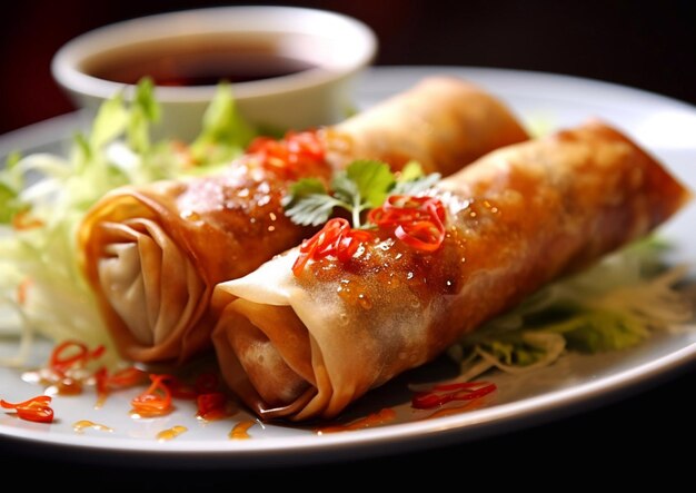 Foto sabrosos rollos de pollo asiáticos en el plato con salsa