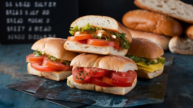 Sabrosos sándwiches de pimienta y tomates en tablero negro en superficie de color mezcla oscura