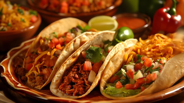 Sabrosos tacos de carne molida con verduras frescas y lima