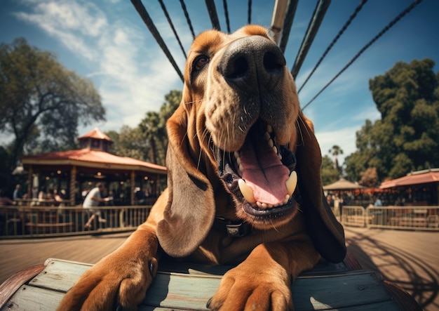 Un sabueso disfrutando de un día en el parque con la lengua colgando de felicidad