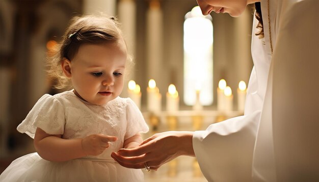 Foto sacerdote batiza uma criança baptizamento de bebê recém-nascido em água santa bebê segurando as mãos de deus bebê banho