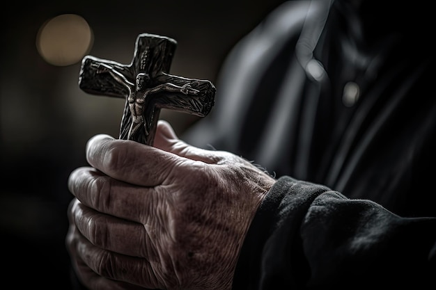 Foto sacerdote de iglesia sostiene cruz religiosa en manos ia generativa