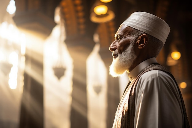 Sacerdote musulmán también conocido como imán de pie en oración dentro de los hermosos límites de una mezquita