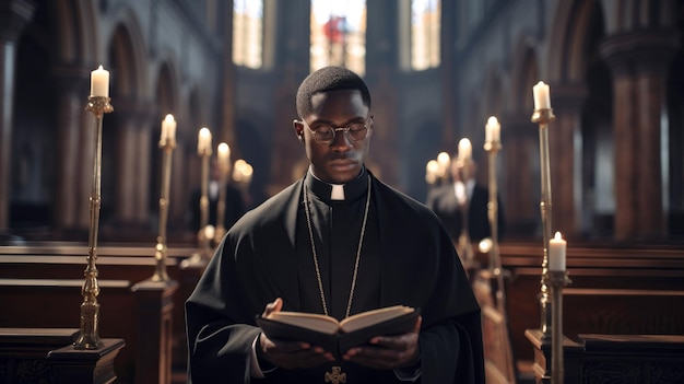 Un sacerdote negro lee una oración en una iglesia foto de alta calidad