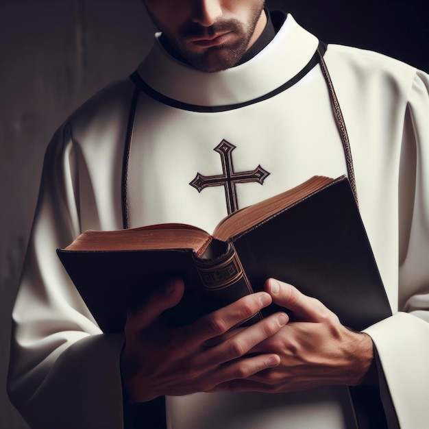 Un sacerdote sosteniendo y leyendo una Biblia en sus manos