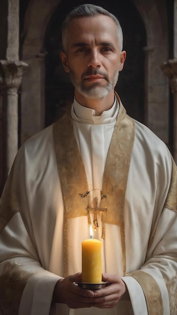 El sacerdote con la vela en la vista frontal