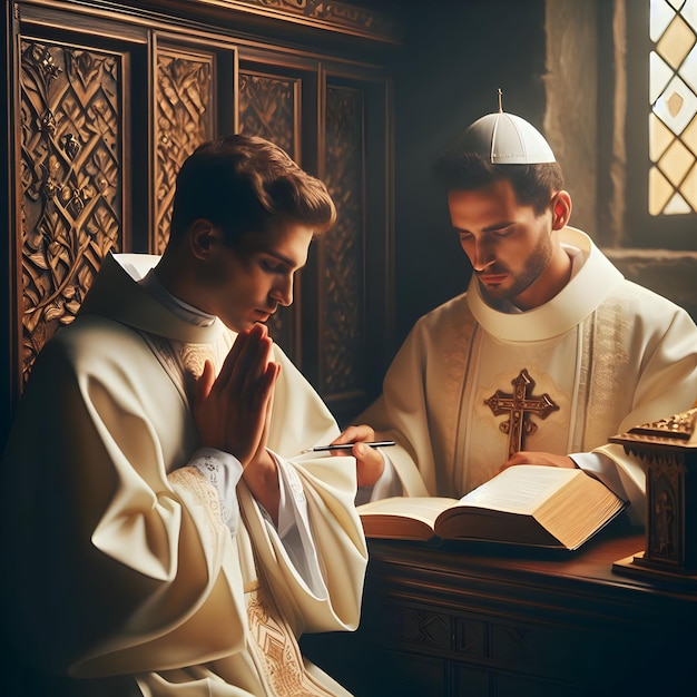 Foto los sacerdotes administraban el sacramento de la confesión en la silenciosa cabina confesional ofreciendo orientación