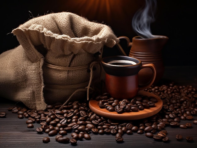 Sack mit Kaffeebohnen und Tasse mit fertigem Kaffee, erzeugt u.a