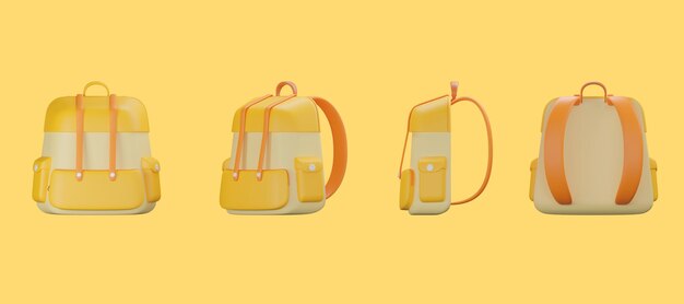 Saco amarelo mochila ícone de educação escolar 3d renderizar o caminho de recorte da ilustração