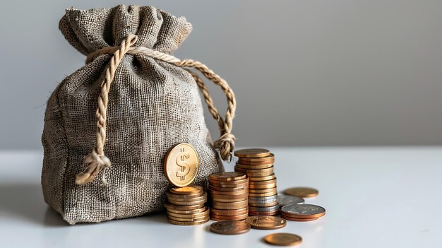 Foto un saco de arpa lleno de dinero el saco está sentado en una mesa blanca hay una pequeña pila de monedas al lado del saco