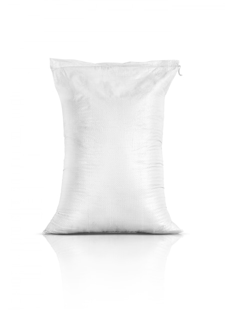 Foto saco de arroz, producto agrícola aislado sobre fondo blanco