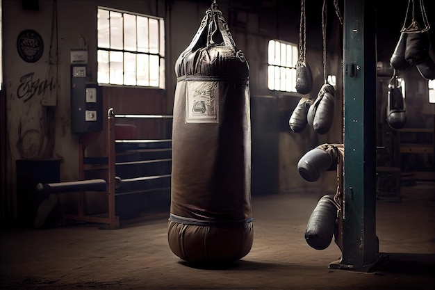 Saco de boxeo en el gimnasio de boxeo rodeado de equipos y suministros creados con ai generativa