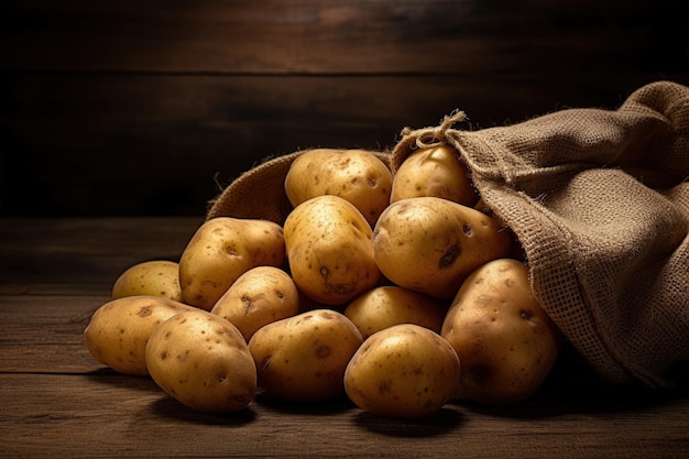 Saco de burlap lleno de patatas fondo de madera concepto de alimentos naturales IA generativa