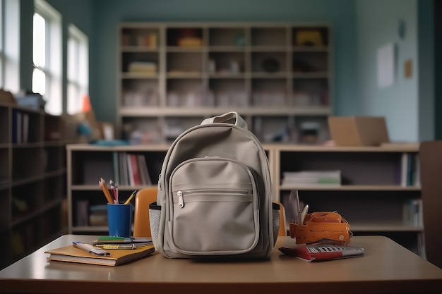 Saco com material escolar em uma mesa de madeira perto de uma prateleira com livros AI