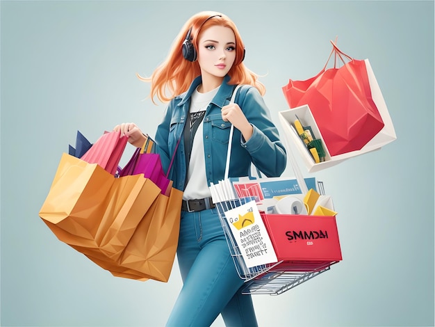 Saco criativo estilo carrinho de compras Cyber Monday com jovem mulher fazendo compras AI gera imagem