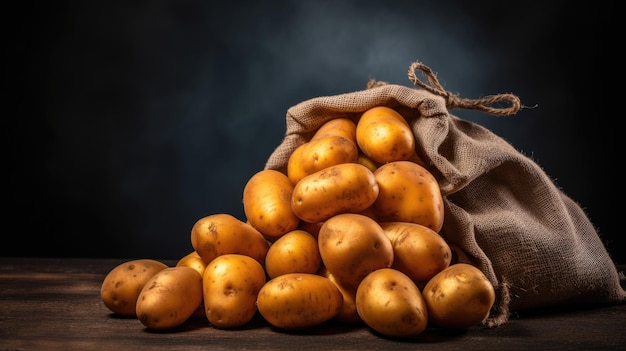 Saco de batatas sobre um fundo escuro batatas frescas num saco velho