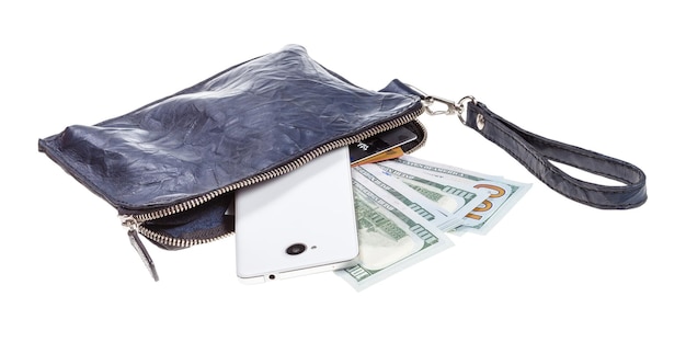 Saco de bolsa com cartões telefônicos e dólares isolados