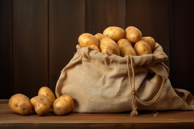 Saco de burlap cheio de batatas fundo de madeira conceito de comida natural IA geradora