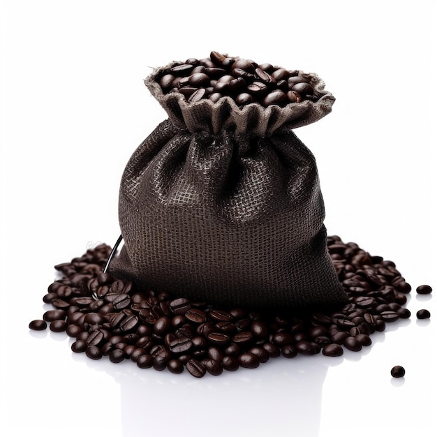 Saco de café com grãos de café na superfície limpa Studio shot