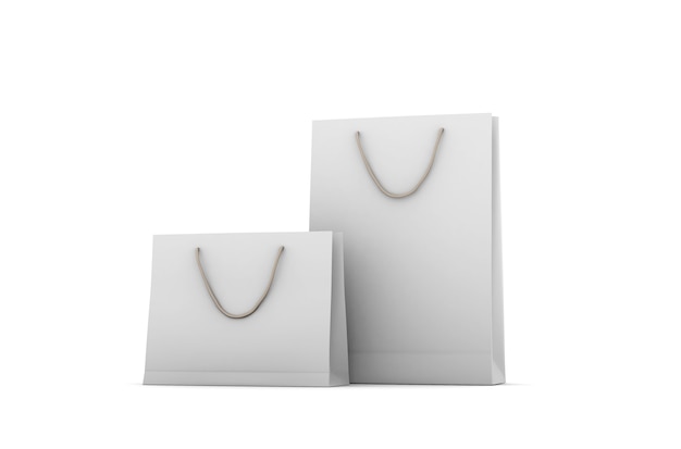 Saco de compras de papel branco ecológico com alça de corda isolada em renderização 3D de fundo branco