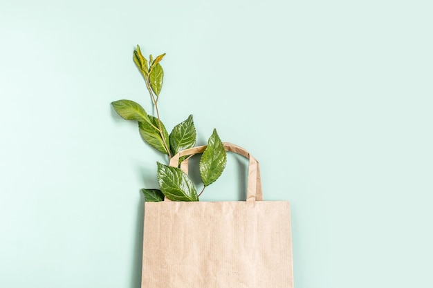 Saco de compras de papel marrom reciclado com alça e folhas verdes de galhos isolados no fundo branco. Conceito de desperdício zero. Vista superior, configuração plana, copie o espaço.