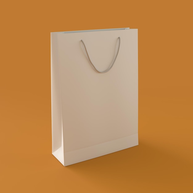 Saco de compras de papel monocromático em renderização 3d de fundo laranja