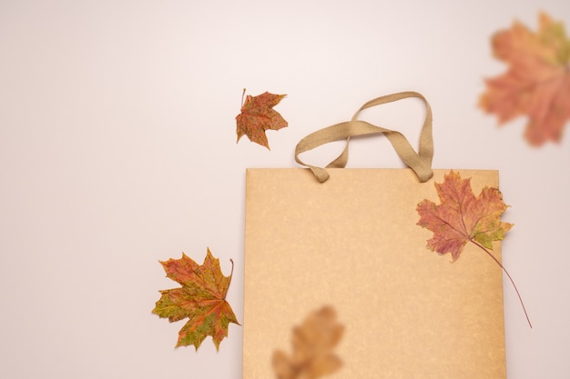 Saco de compras de papel vazio e folhas caídas de outono sobre fundo claro