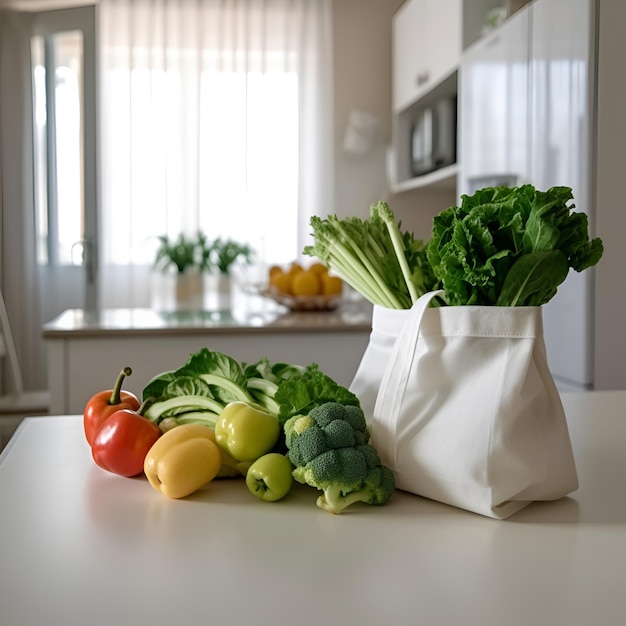 Saco de compras têxtil cheio de legumes e frutas na mesa da cozinha