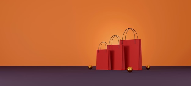 Saco de compras vermelho com desenho de banner de venda com fundo vermelho