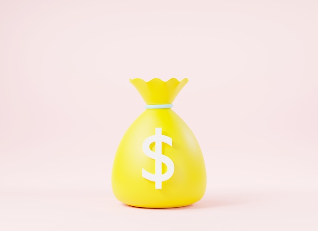 Saco de dinheiro com dinheiro de ícone de dólar, sacos de dinheiro de lona, negócios e finanças, conceito de sinal de retorno do investimento, desenho simples de saco de dinheiro em fundo rosa, ilustração de renderização 3D