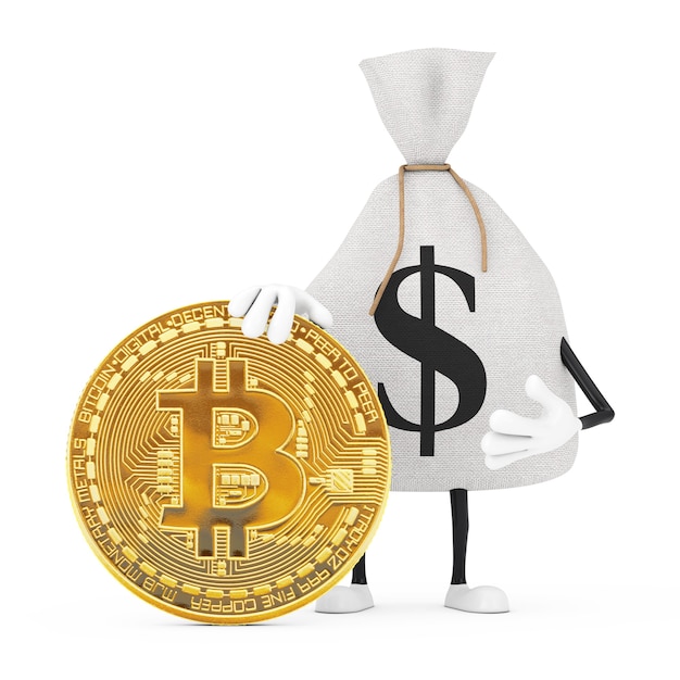 Foto saco de dinheiro de linho de lona rústica amarrado ou saco de dinheiro e mascote de personagem de cifrão com moeda digital e criptomoeda bitcoin dourado em um fundo branco. renderização 3d