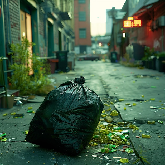 Foto saco de lixo descartado do lado de fora do edifício conceito de resíduos ambientais para social media post size