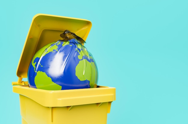 Saco de lixo do planeta em recipiente de plástico