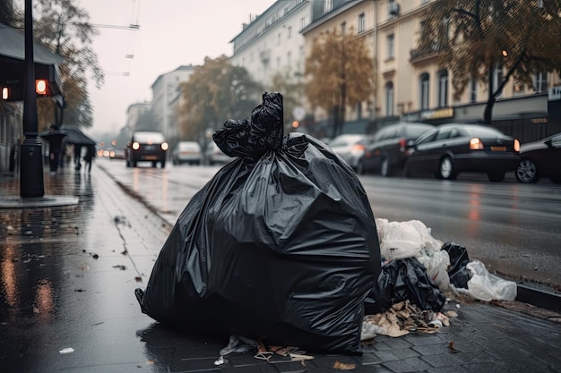 Saco de lixo transbordando de lixo e lixo nas ruas de uma cidade movimentada