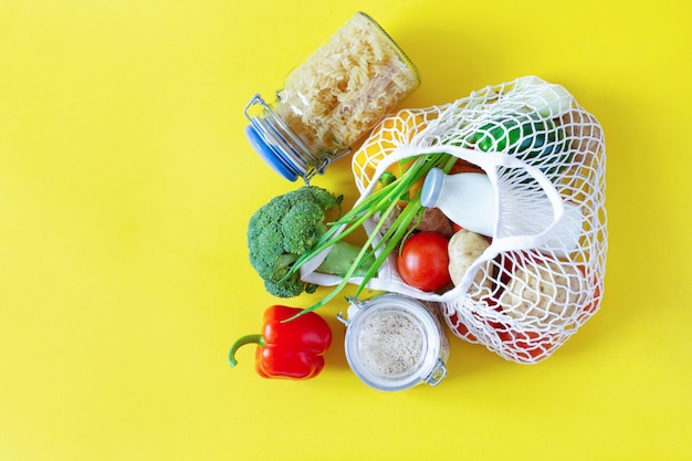 Saco de malha de algodão para mercearia com frutas e legumes zero desperdício sem compras de plástico